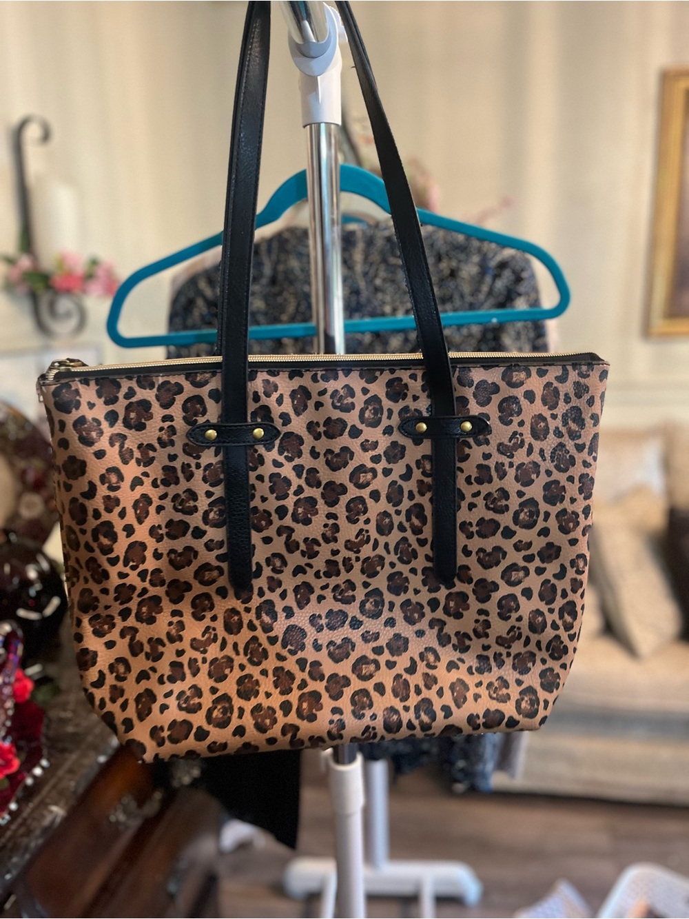 Fossil Leopard Print Tote Bag with Black Handles